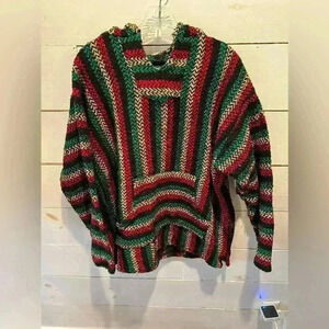 BAJA JOE Vintage 90s XXL Rasta Striped Hippie Boho Poncho Hoodie